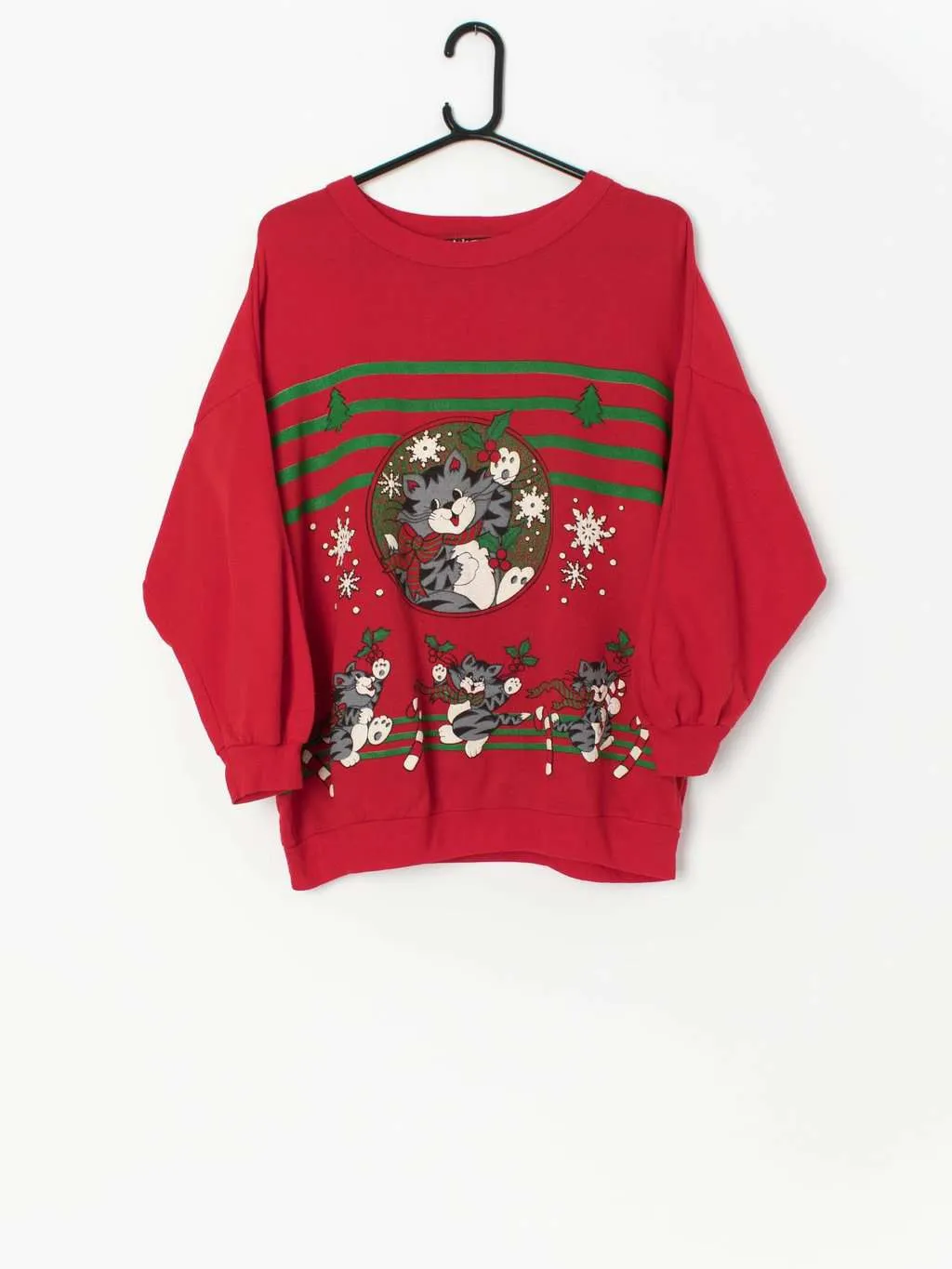 80s Christmas cat sweatshirt in red with playful kittens – Large / XL