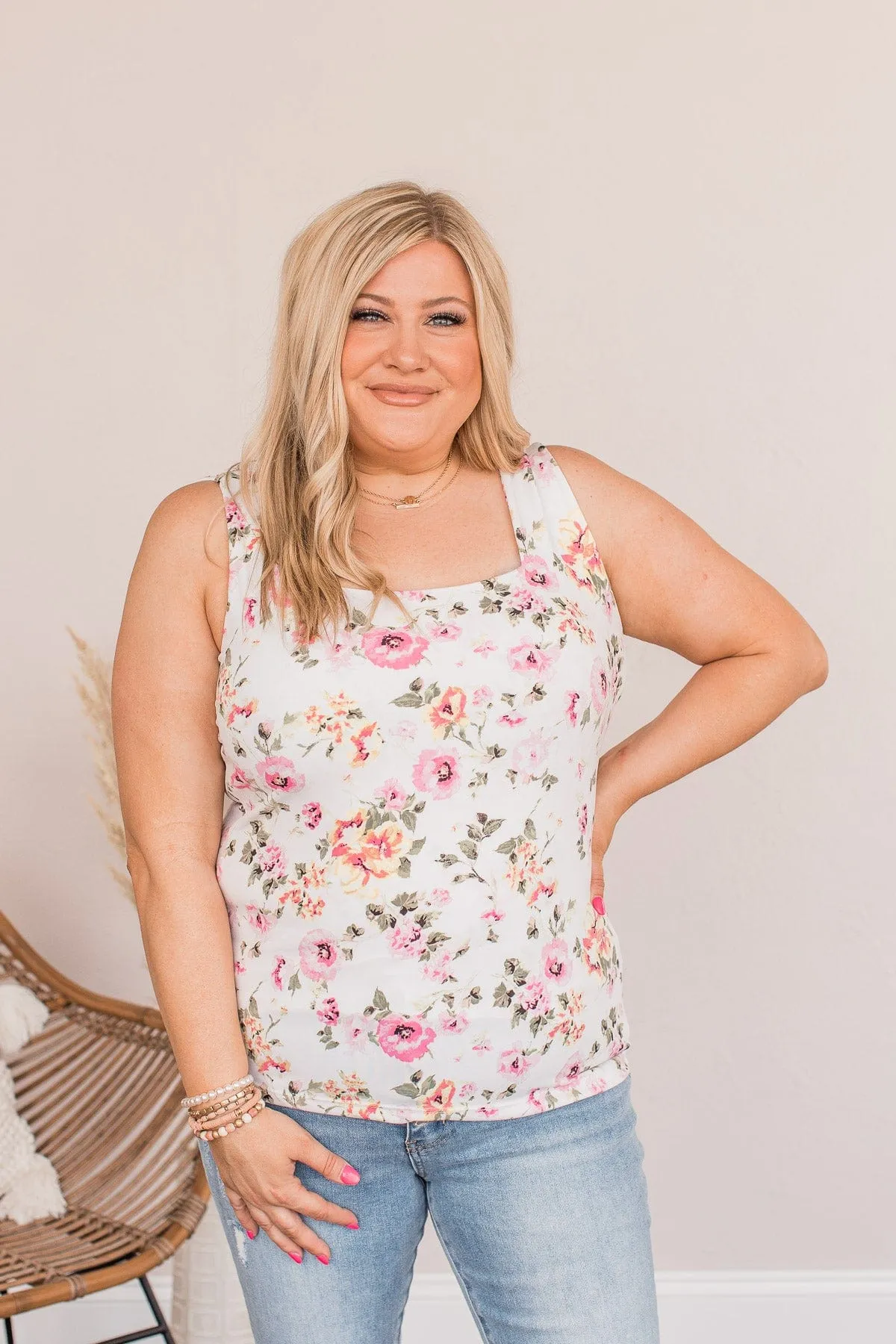 A Rosy Outlook Floral Tank- Ivory