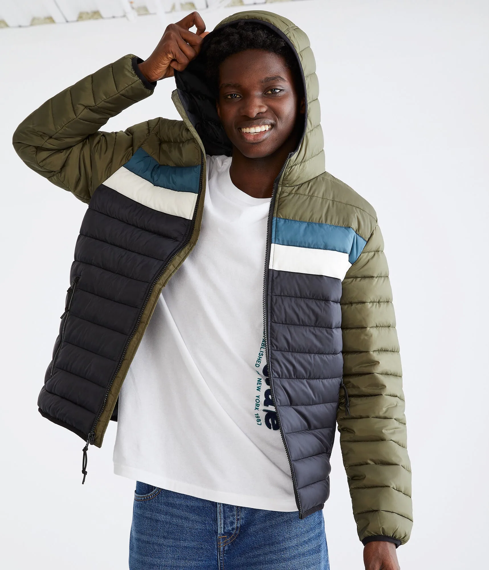 Aeropostale Mens' Colorblock Hooded Midweight Puffer Jacket - Light Green - Size XL - Polyester - Teen Fashion & Clothing Caper 