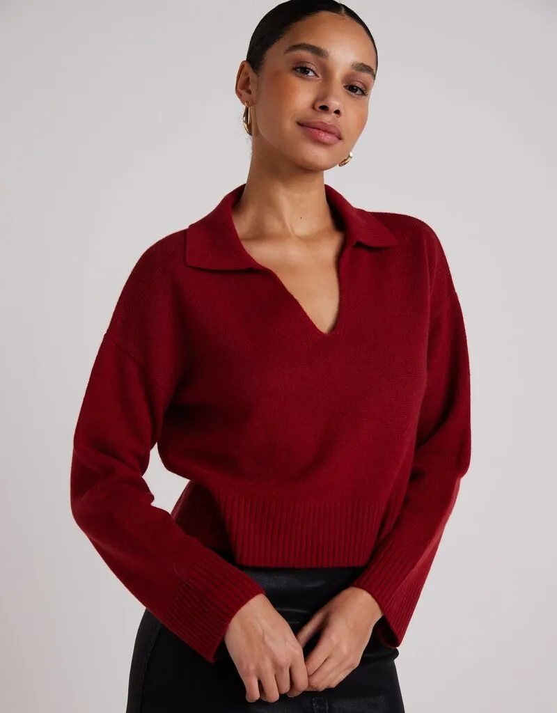 Bella Dahl Wool and Cashmere Blend Collared Sweater - Garnet Red