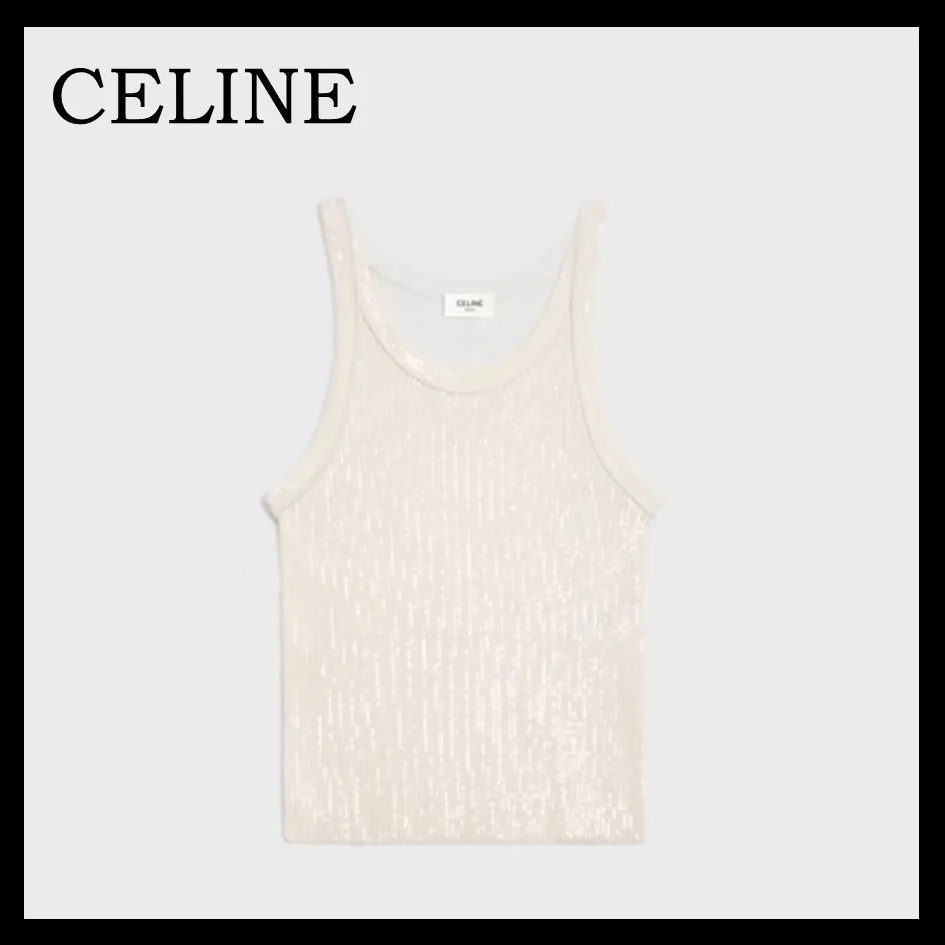 CELINE  |embroidered tank top in ribbed silk