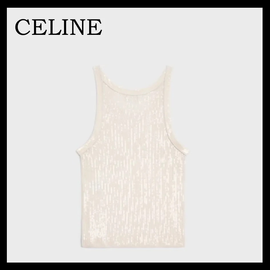 CELINE  |embroidered tank top in ribbed silk