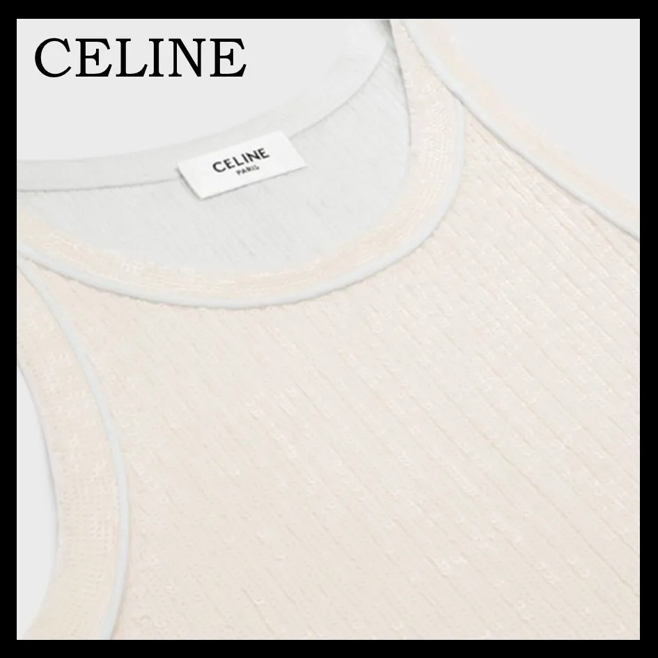 CELINE  |embroidered tank top in ribbed silk