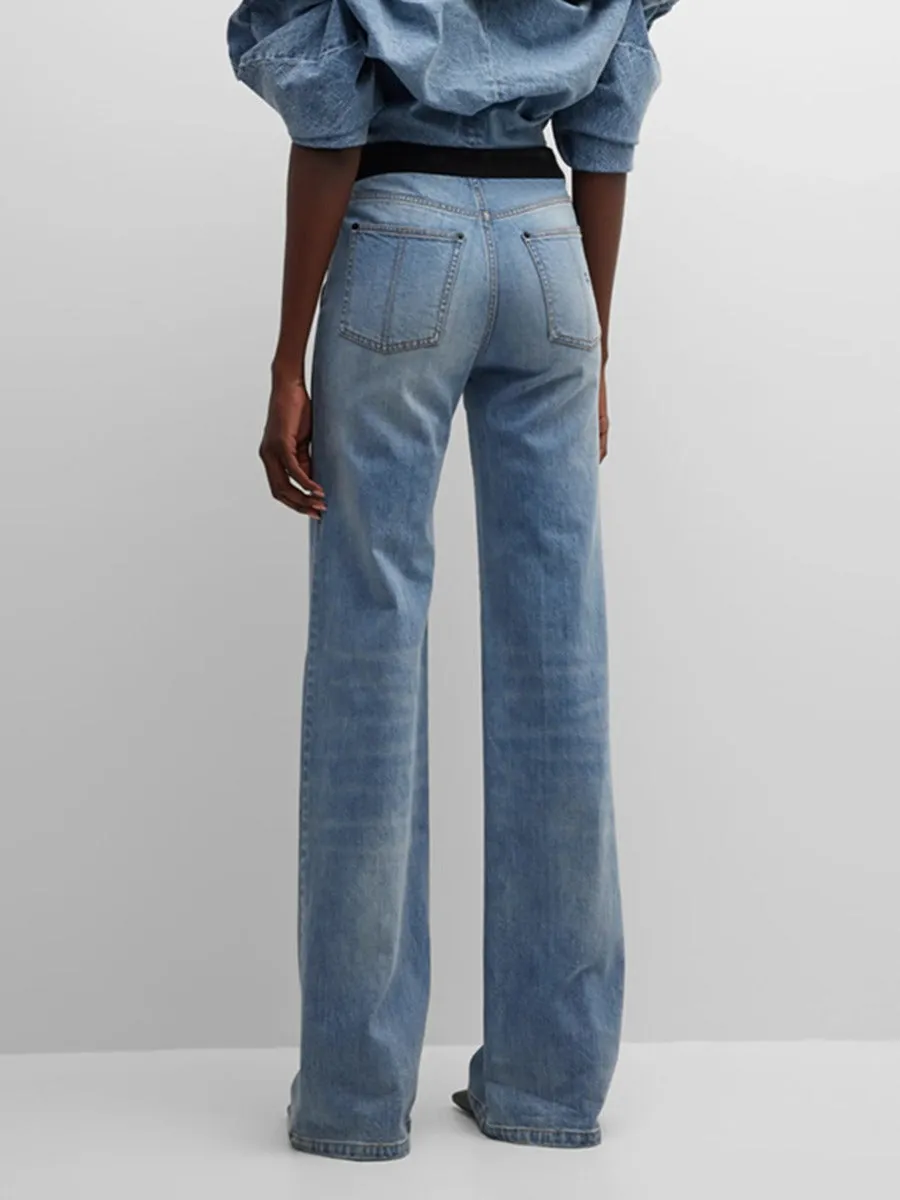 Contrast Straight  Tube High Waisted Jeans