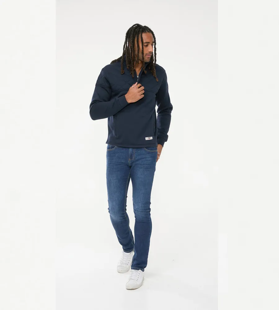 D555 Mens Navy Sweatshirt With Quarter Zip and Quilted Top Panel (SWANN)