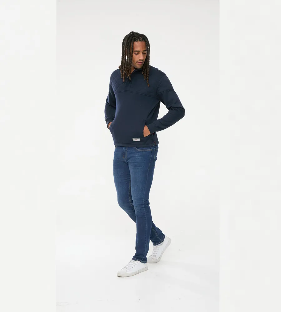 D555 Mens Navy Sweatshirt With Quarter Zip and Quilted Top Panel (SWANN)