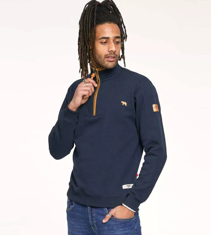 D555 Mens Navy Zip Neck Sweatshirt With Chest Embroidery (DONALD)