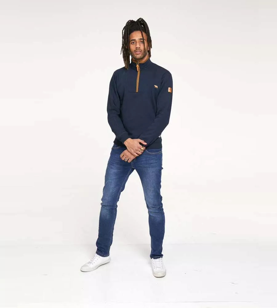 D555 Mens Navy Zip Neck Sweatshirt With Chest Embroidery (DONALD)