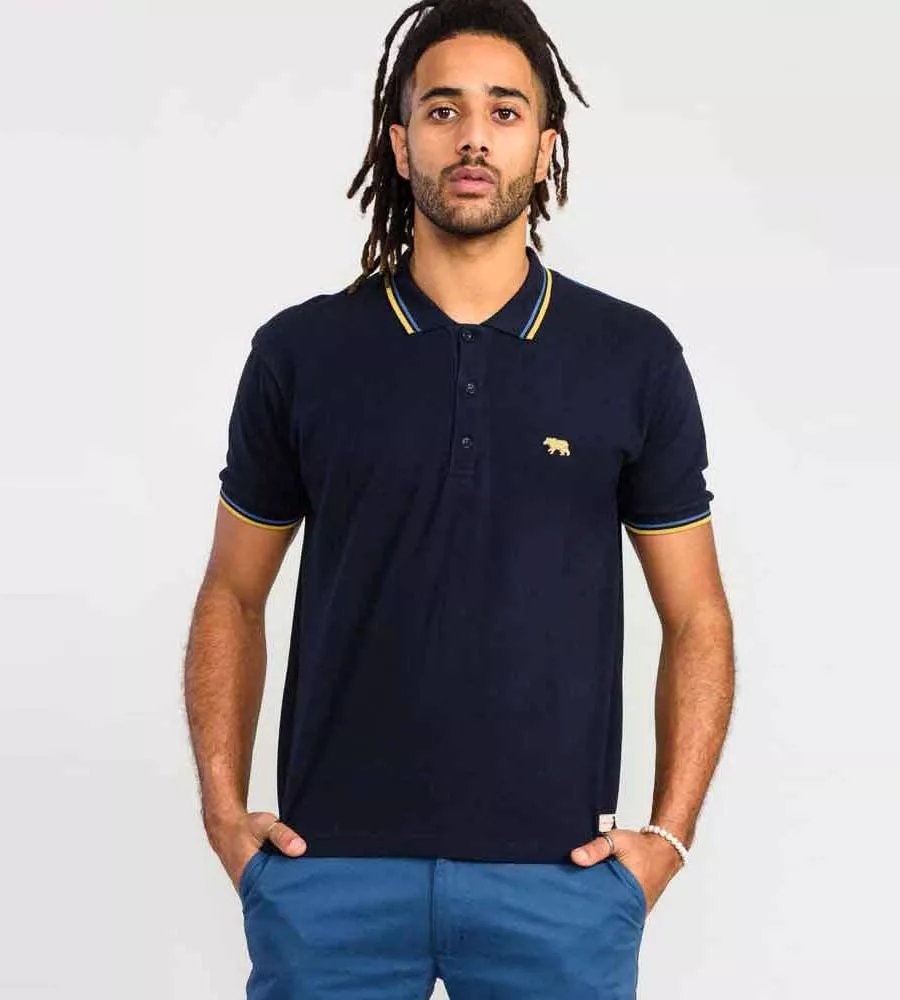 D555 Tall Mens Navy Polo Shirt With Colour Rib Tipping On Collar and Cuffs (HAMFORD 2)