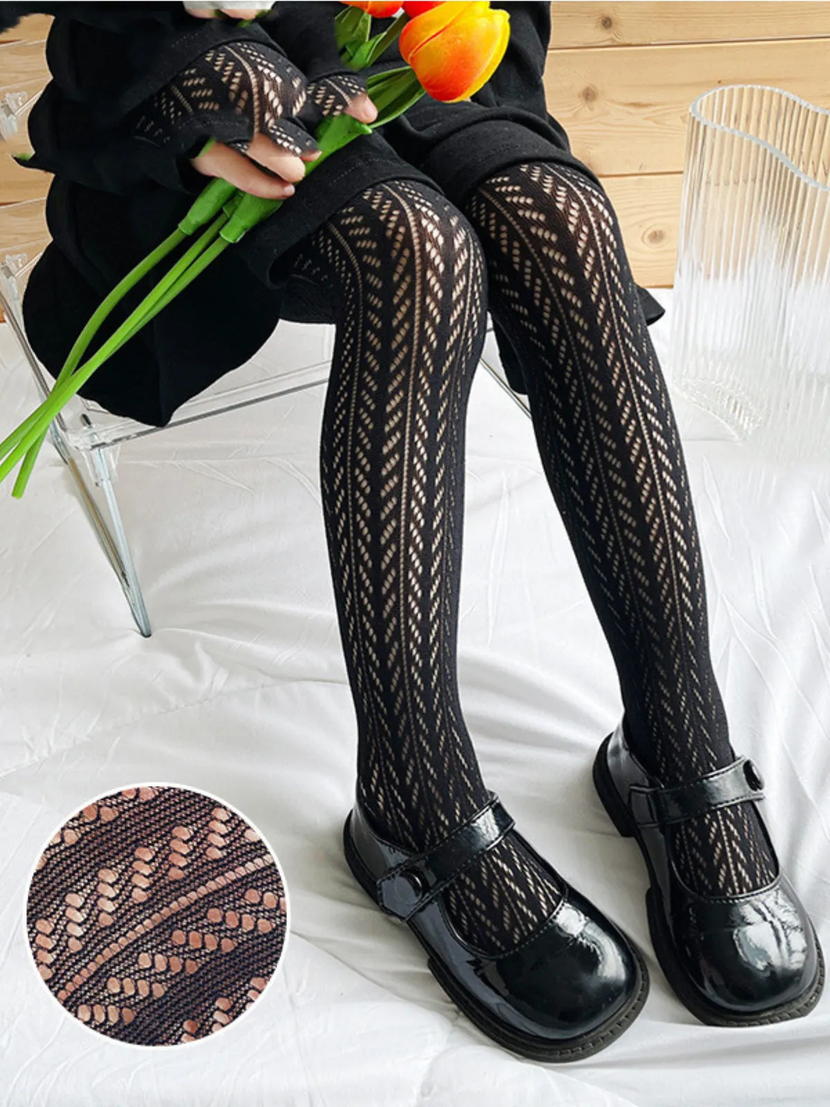 Elegant Touch Patterned Girls Black Tights