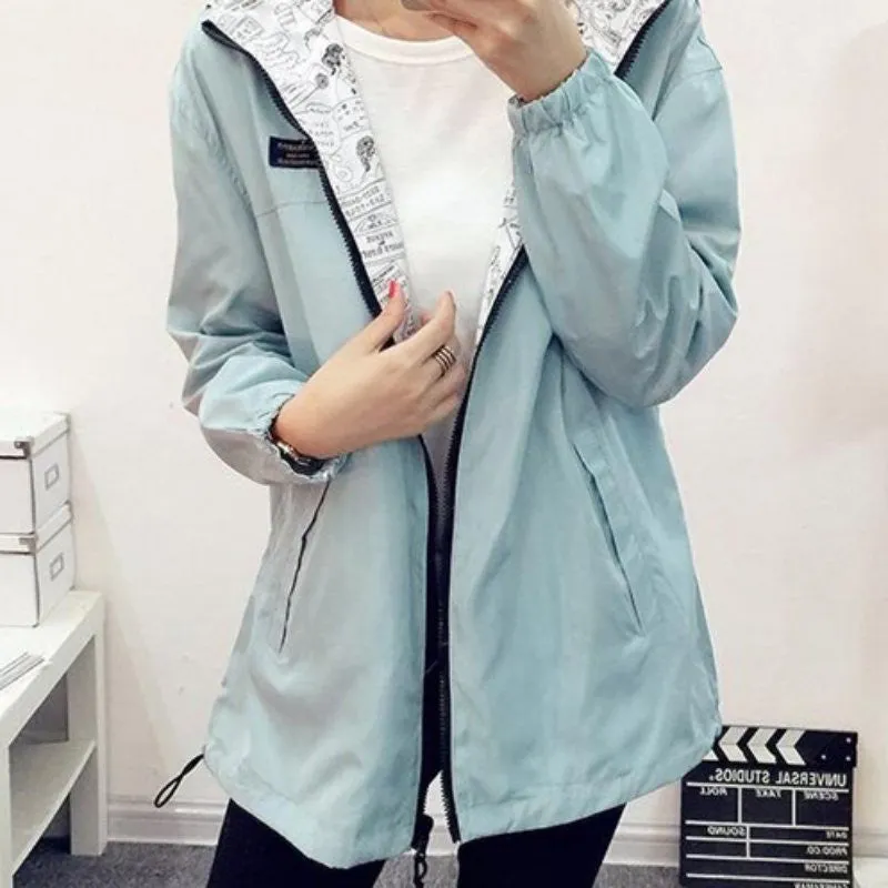 Fashion Women Bomber Basic Jacket Pocket Zipper Hooded Two Side Wear Coat Cartoon Print Outwear Loose Plus Size SM6