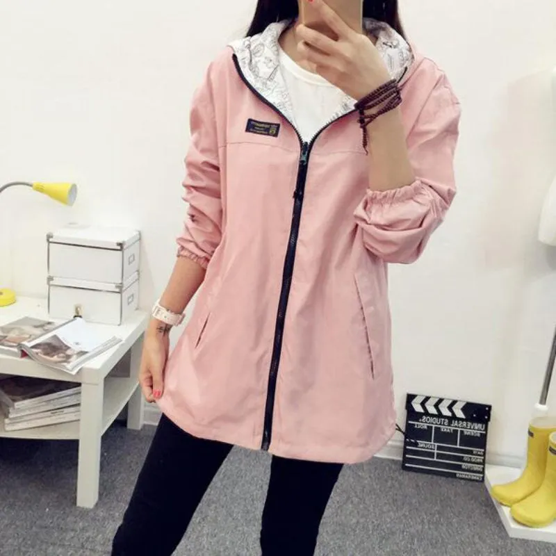 Fashion Women Bomber Basic Jacket Pocket Zipper Hooded Two Side Wear Coat Cartoon Print Outwear Loose Plus Size SM6