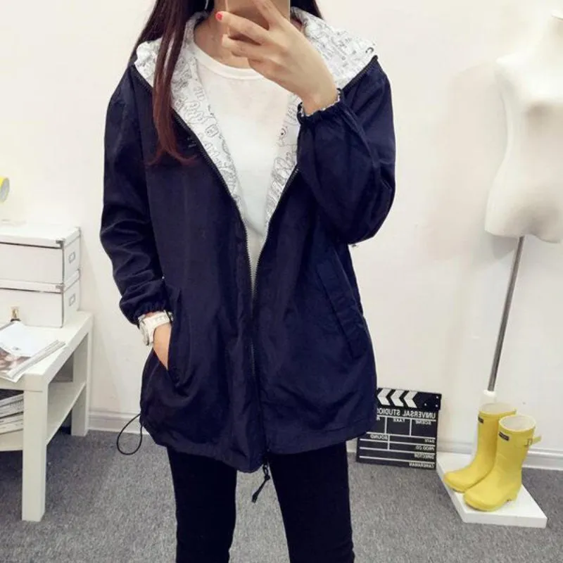 Fashion Women Bomber Basic Jacket Pocket Zipper Hooded Two Side Wear Coat Cartoon Print Outwear Loose Plus Size SM6