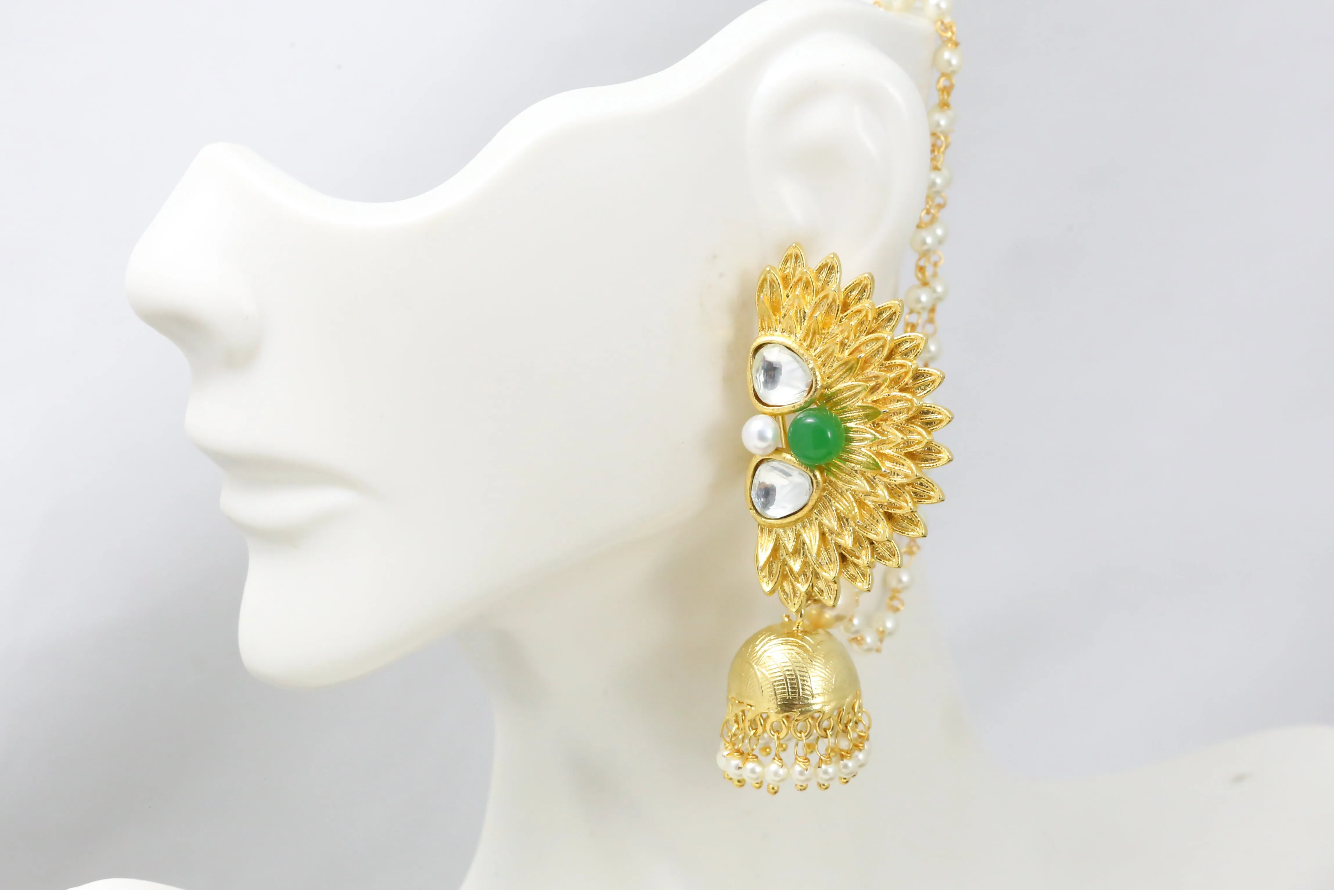 Green Kundan Earrings With Ear Chains