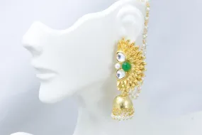 Green Kundan Earrings With Ear Chains