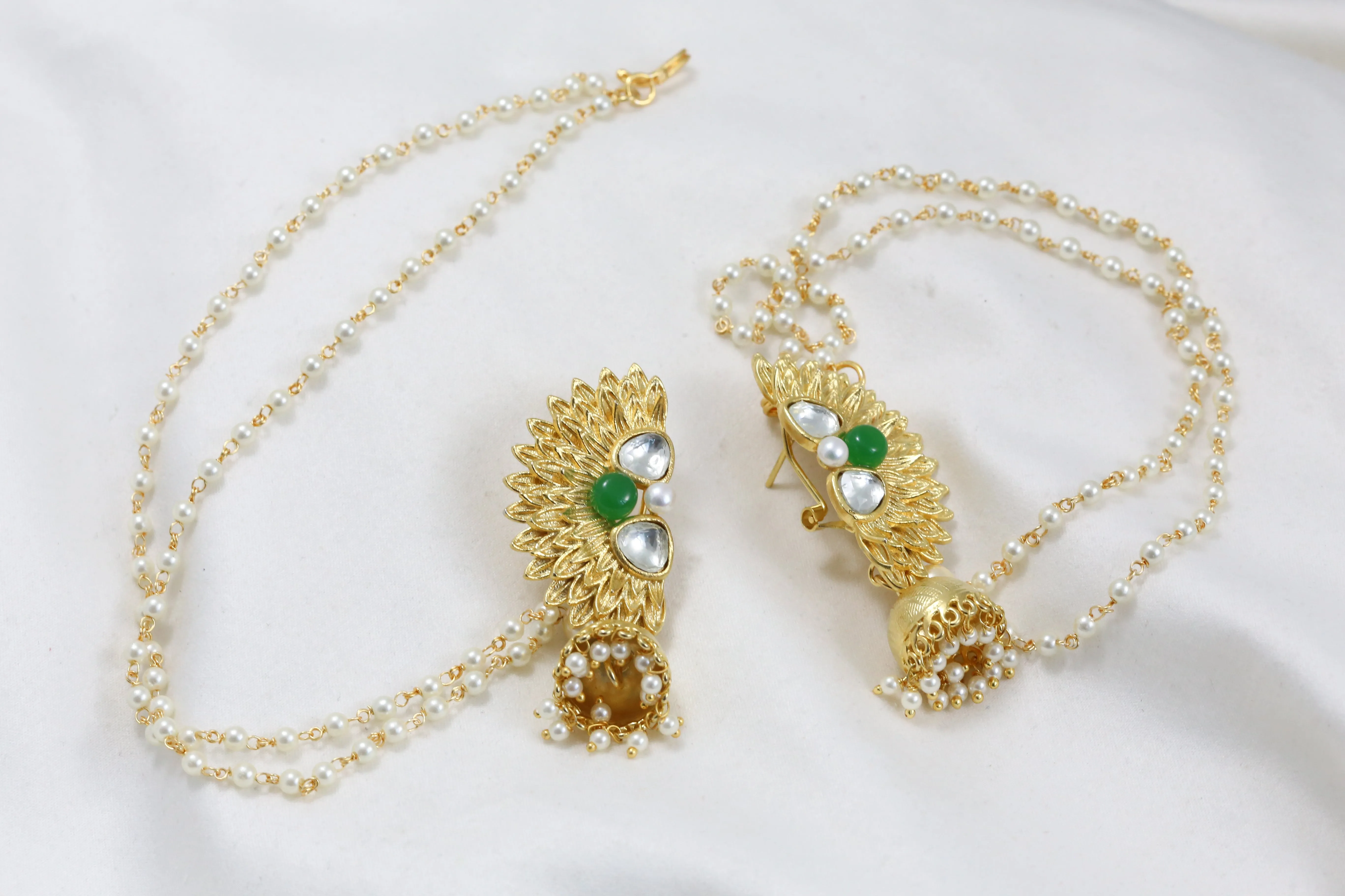 Green Kundan Earrings With Ear Chains