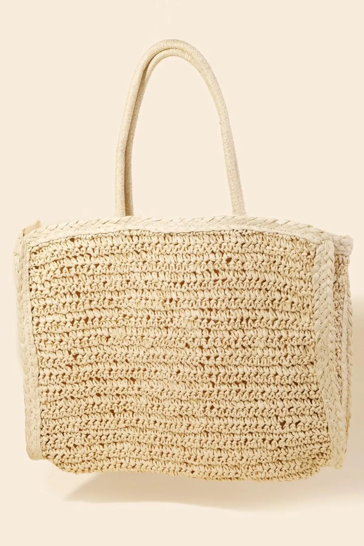 KELLI  BEIGE LARGE STRAW BEACH TOTE BAG