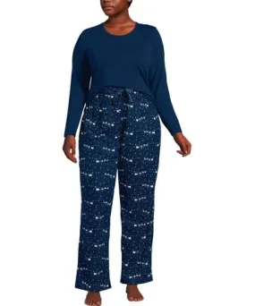 Lands' End Plus Size Pajama Set Knit Long Sleeve T-Shirt and Flannel Pants