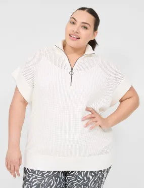 LIVI Short-Sleeve Half-Zip Mesh Sweater