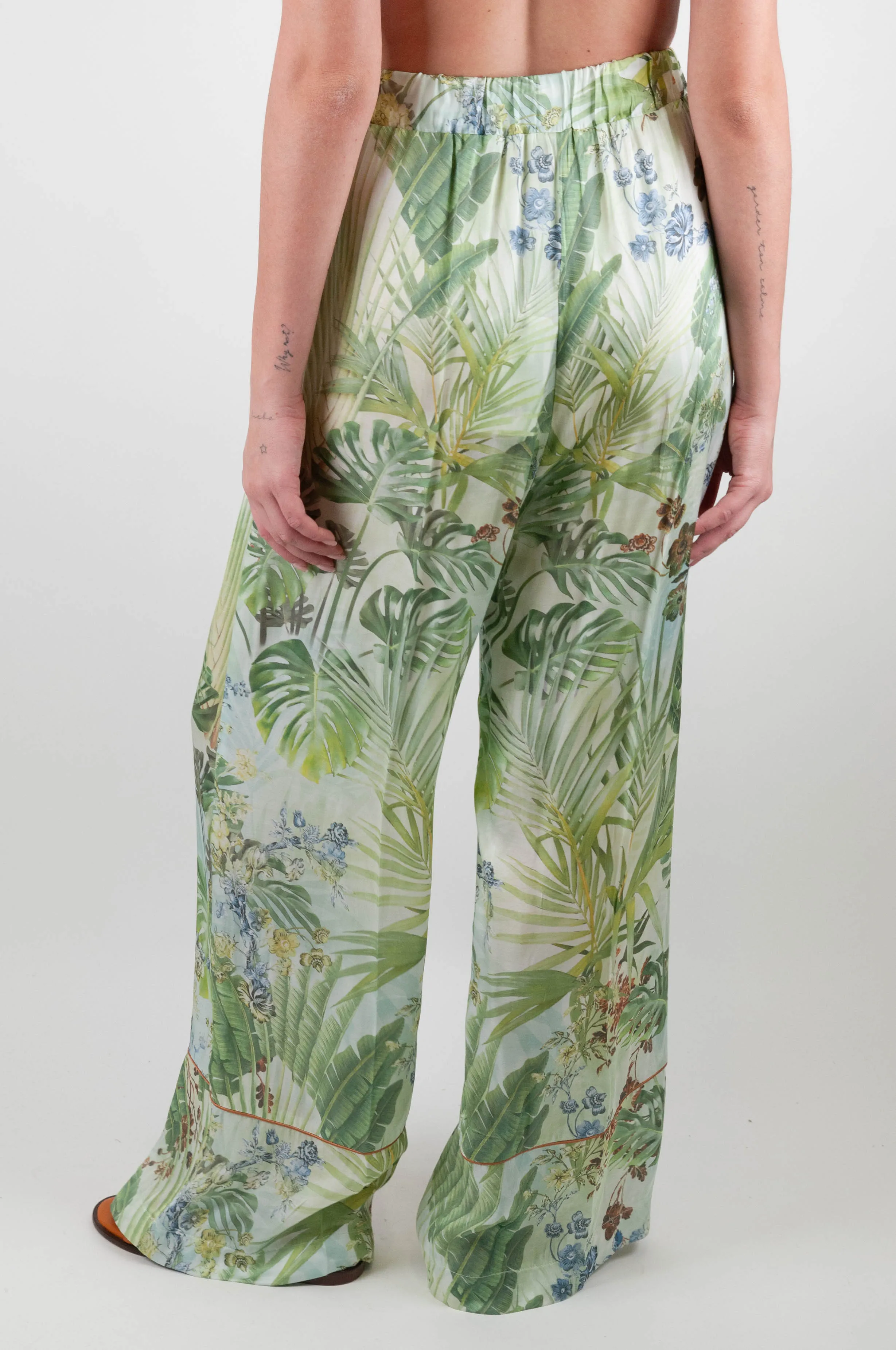 Maryley - Pantalone palazzo fantasia natura astratta in viscosa con coulisse e pinces