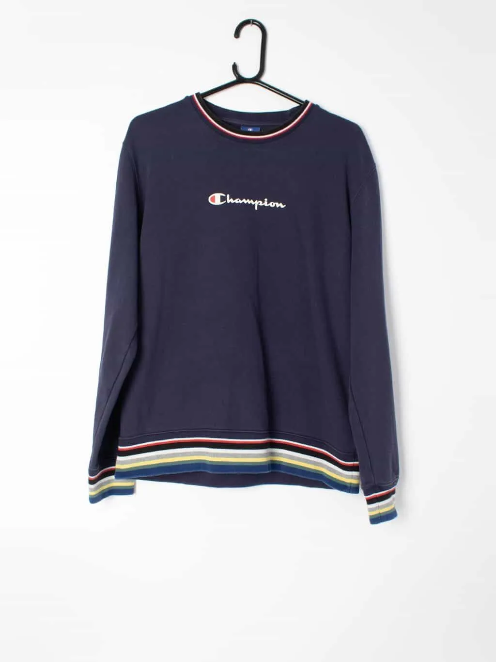 Mens navy Champion crewneck sweatshirt with multicoloured cuffs and hem – S / M