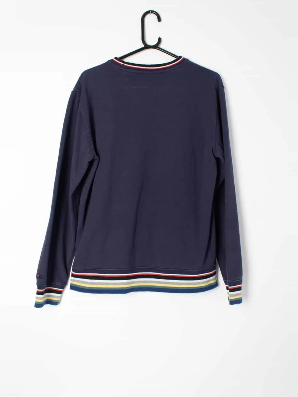 Mens navy Champion crewneck sweatshirt with multicoloured cuffs and hem – S / M