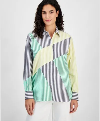 Nautica Jeans Women's Cotton Striped Colorblocked Shirt