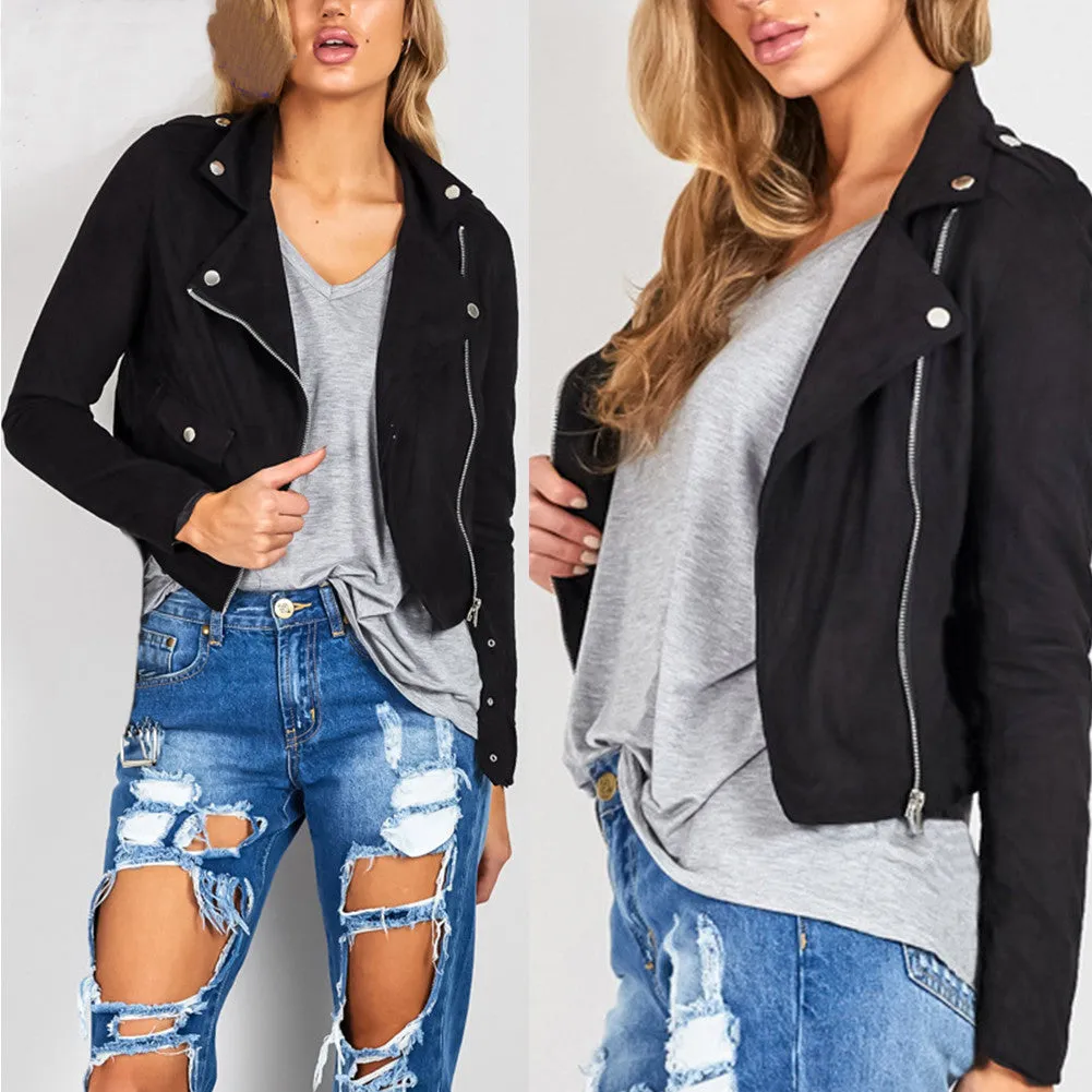 New Fashion Women Faux Soft Leather Motorcycle Jackets Pu Black Zippers Casual Coat Slim Outwear SM6