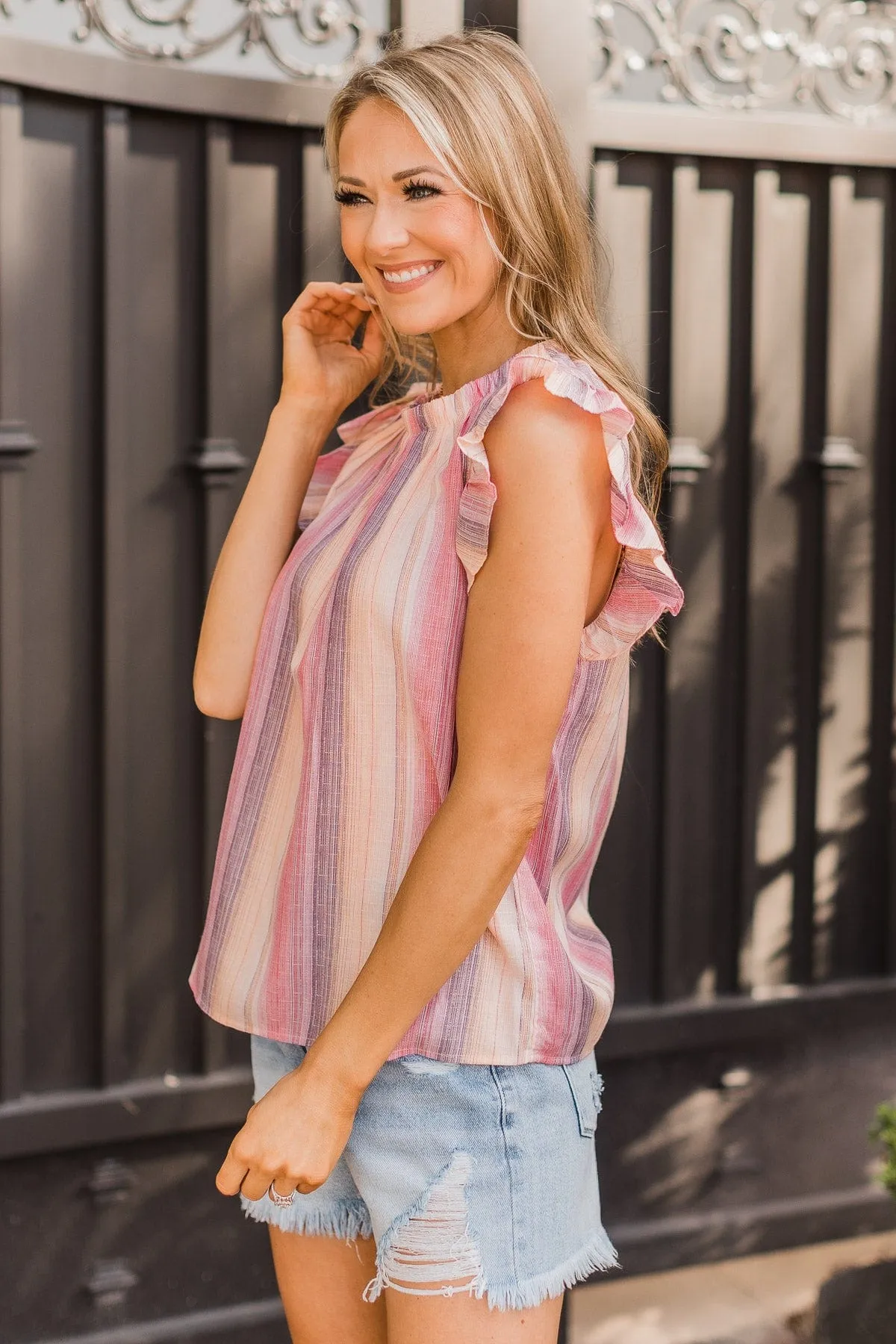 On Your Side Ruffle Blouse- Pink & Purple