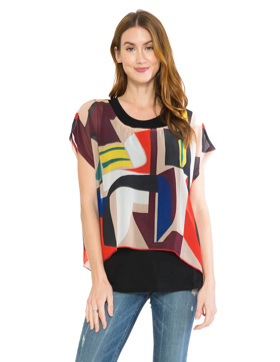 Palila Geometrical Abstract Chiffon Top with Black Tank