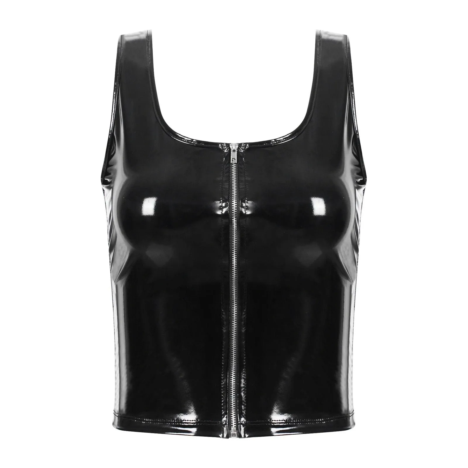 Patent Leather Tank Party Zipper U Neck Sleeveless Vest Top