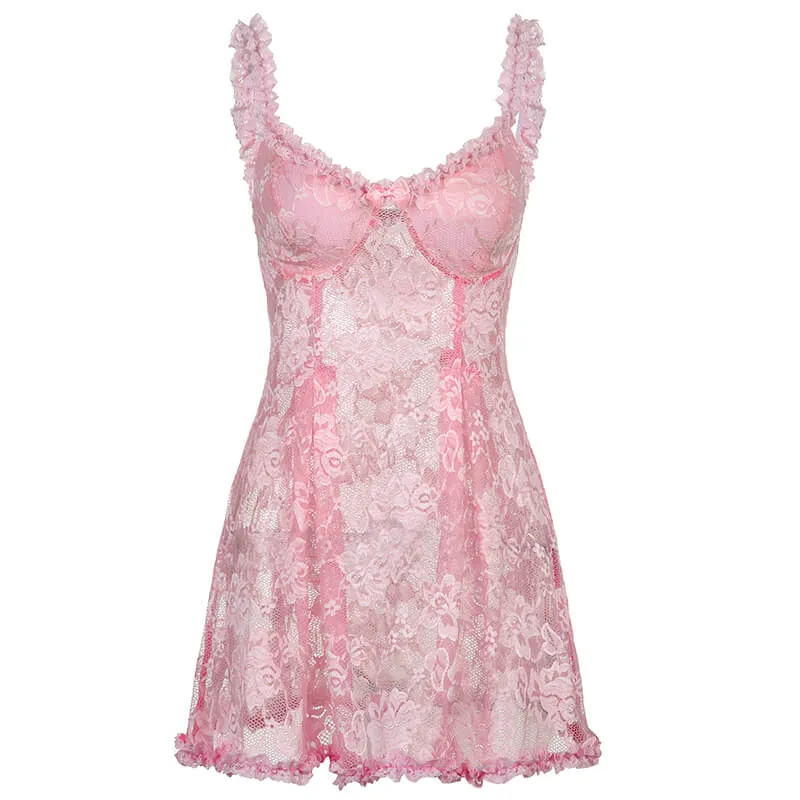 Pink Girl lace mesh hollow sexy dress BY6009