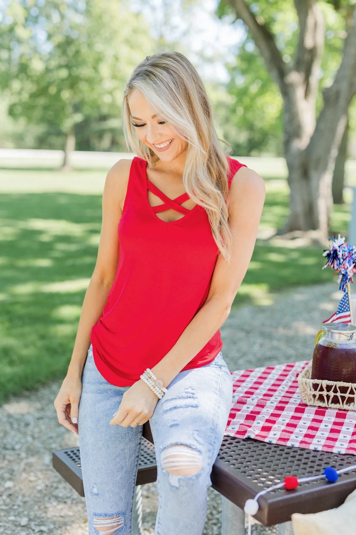 Places to Go Criss Cross Tank Top- Red