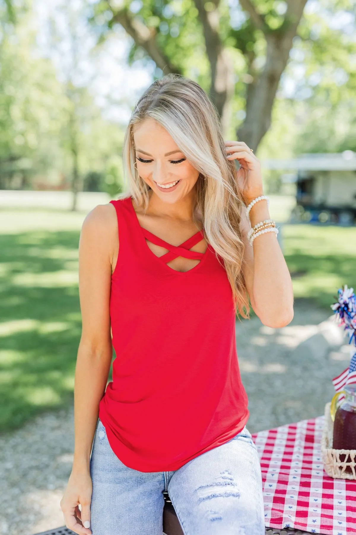 Places to Go Criss Cross Tank Top- Red