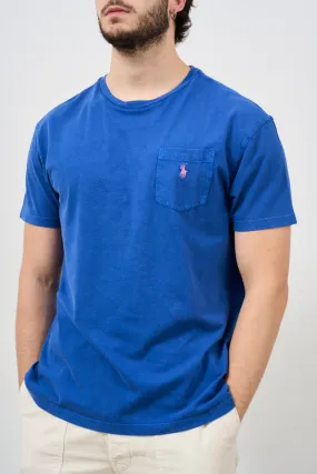 Polo t-shirt blu con taschino con Iconico Pony verde