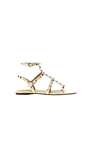 Rockstud Flat Calfskin Sandal With Straps - Ivory