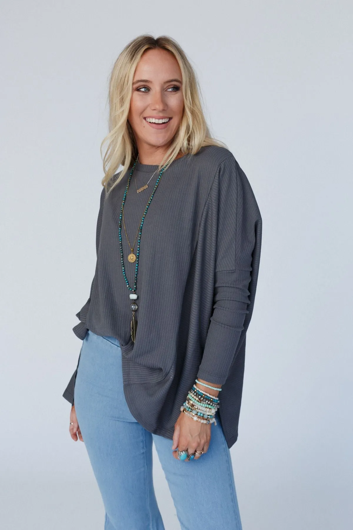 Rosemary Contrast Long Sleeve Top - Charcoal