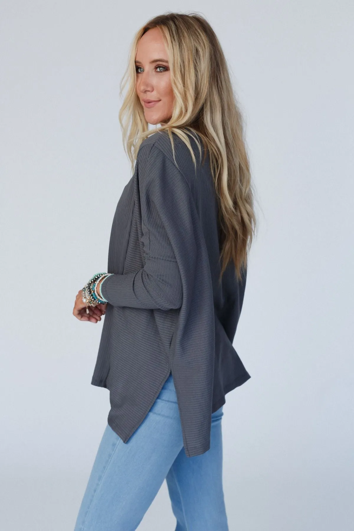 Rosemary Contrast Long Sleeve Top - Charcoal