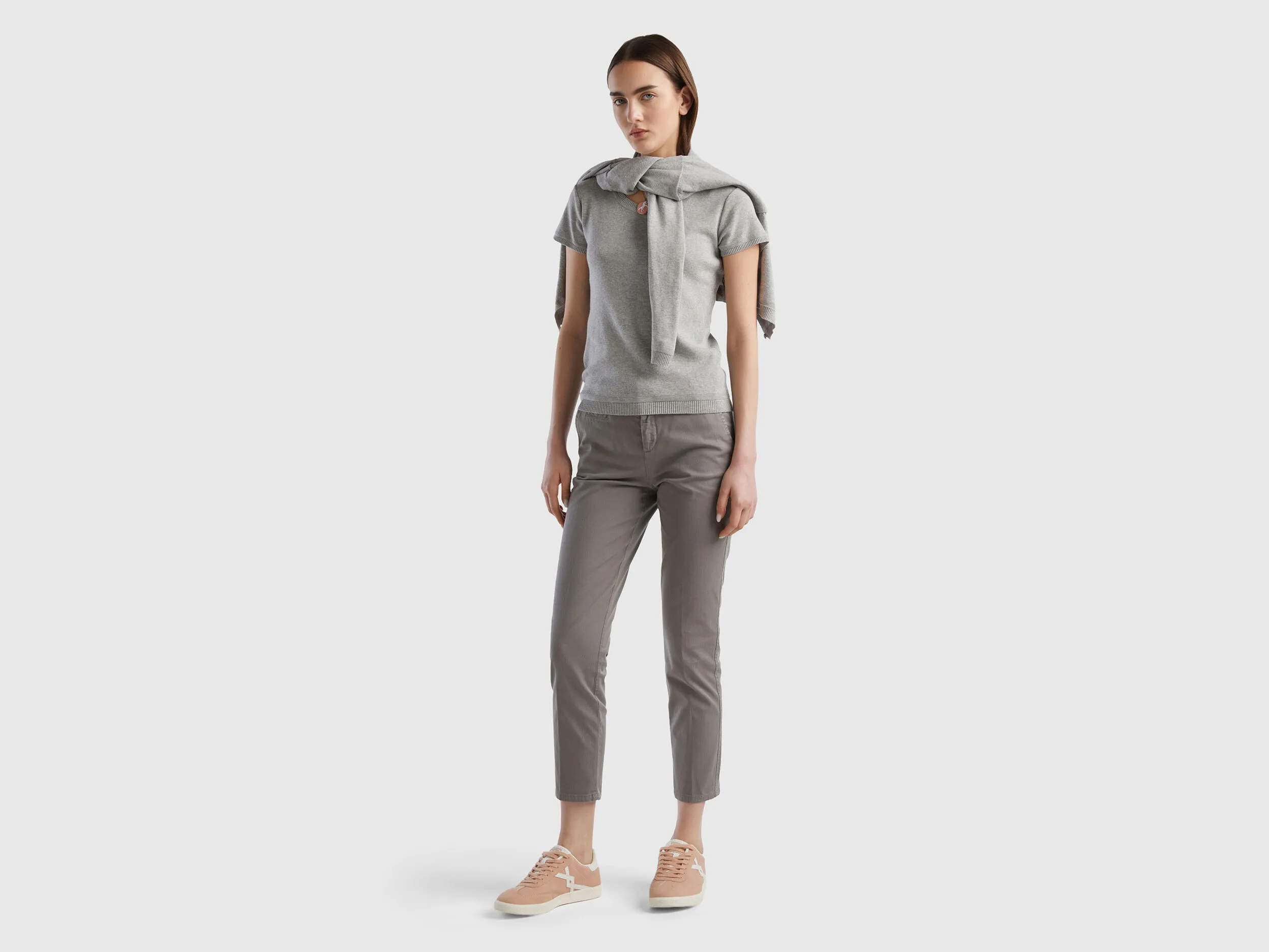 Short sleeve sweater in 100% cotton - Light Gray | Benetton