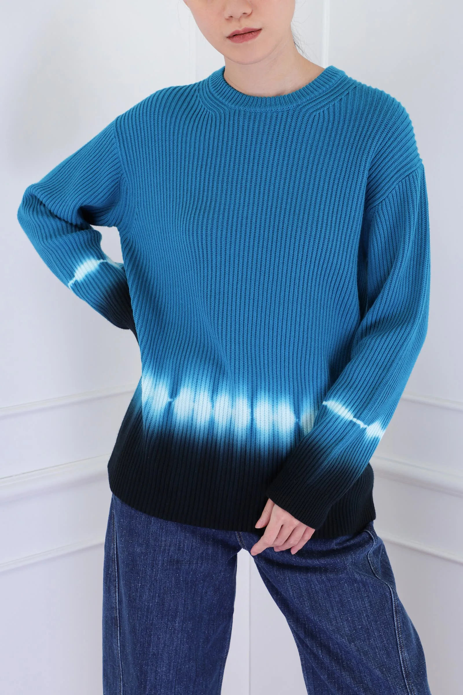 Teal Multicolor Rib Knit Dip Dye Sweater