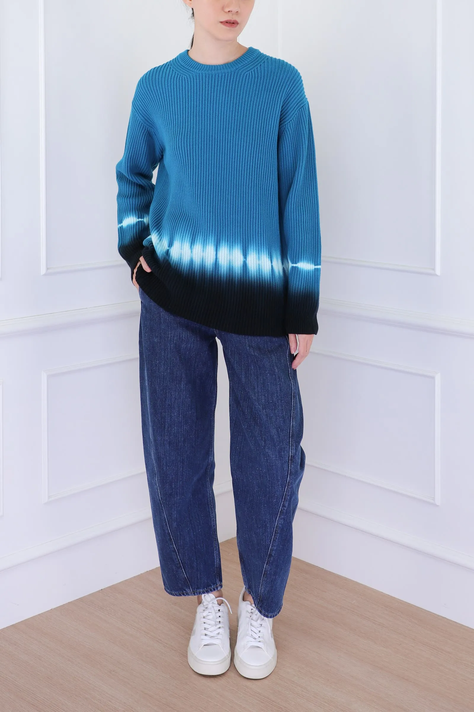 Teal Multicolor Rib Knit Dip Dye Sweater