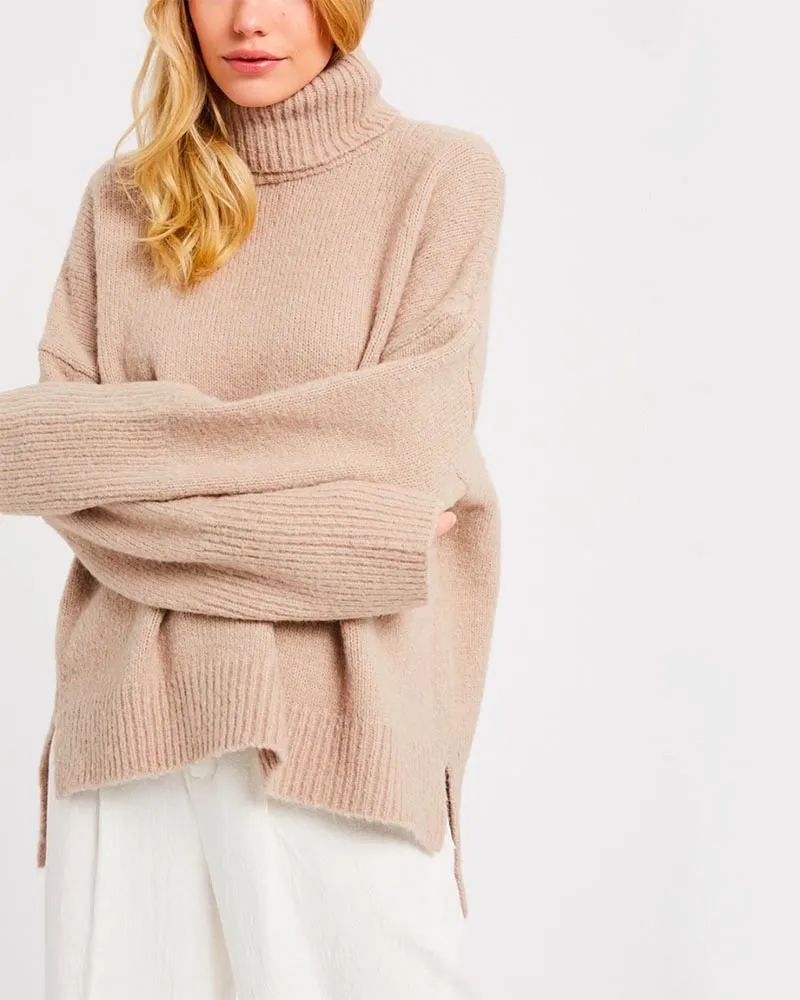 Turtle Neck Oversized Pullover Sweater - Mocha