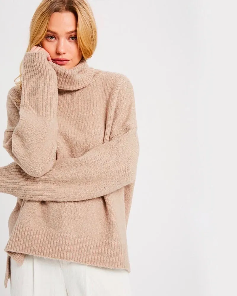 Turtle Neck Oversized Pullover Sweater - Mocha