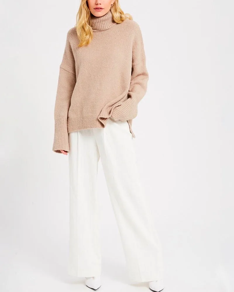 Turtle Neck Oversized Pullover Sweater - Mocha