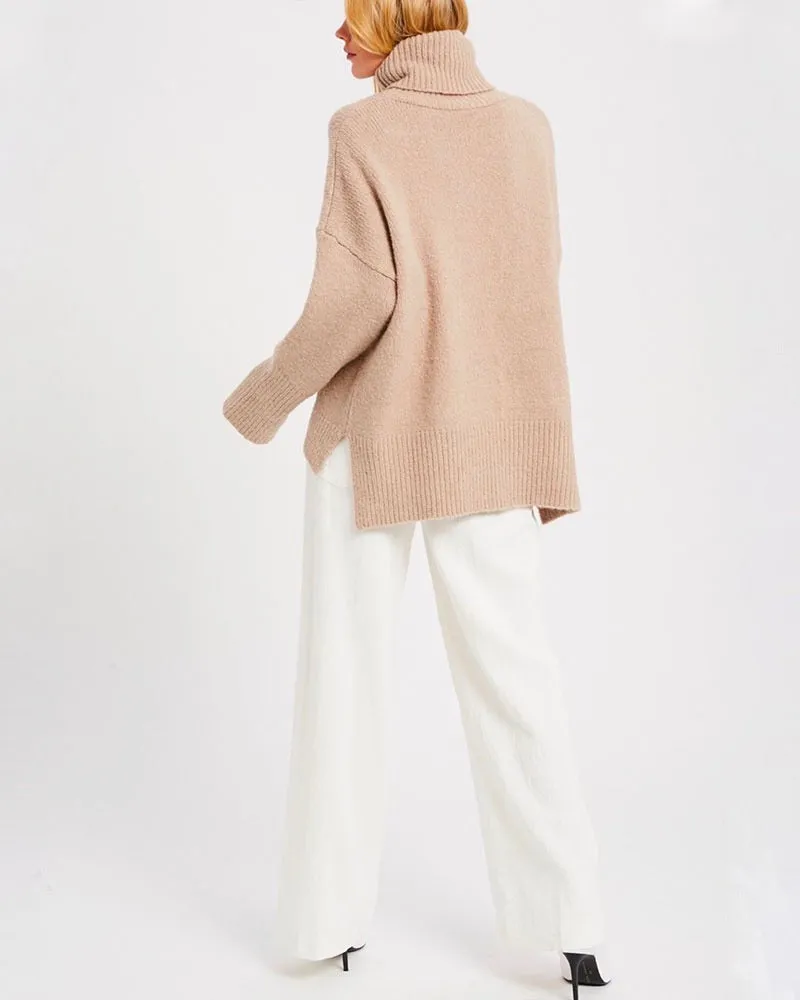 Turtle Neck Oversized Pullover Sweater - Mocha