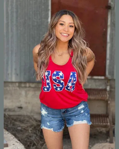 USA Tank with Stars in Blue Glitter