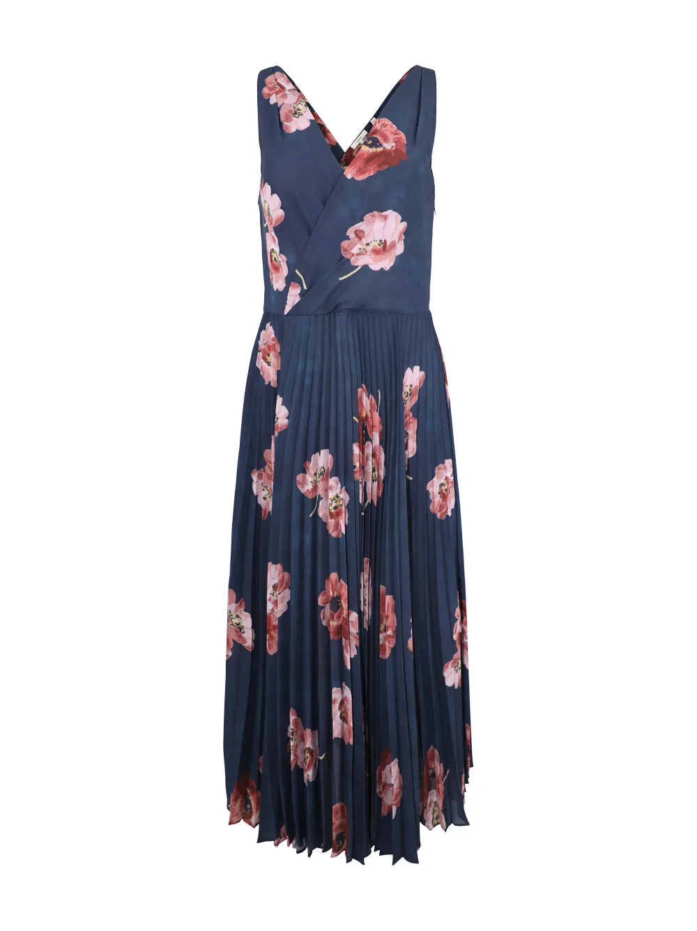 Vince Painted Poppy Pleated Draped V-Neck Dress in Marine Night