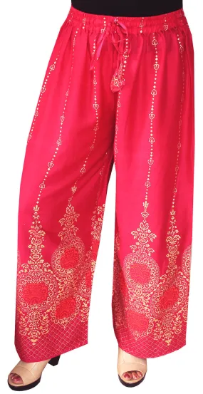 Womens Rayon Indian Pants Wide Leg Golden Print (Pink)