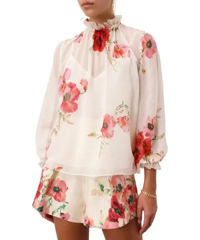 ZIMMERMANN Lightburst Billow Blouse In Cream Red Floral